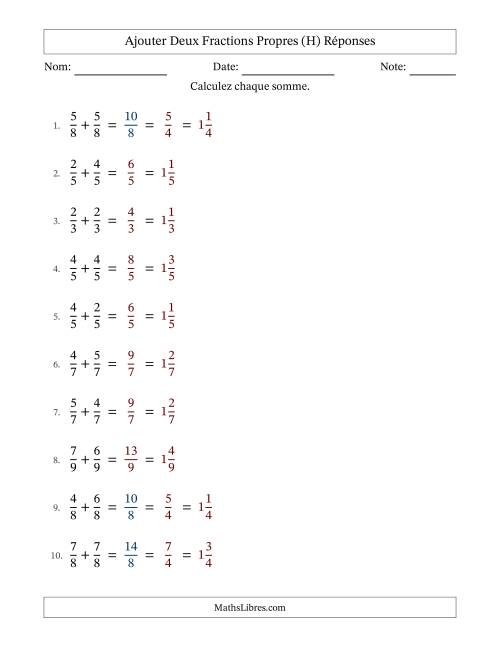 Ajouter deux fractions propres avec des dénominateurs égaux, résultats en fractions mixtes, et avec simplification dans quelques problèmes (Remplissable) (H) page 2