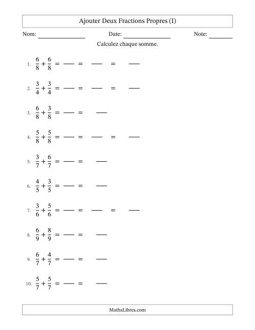 Ajouter deux fractions propres avec des dénominateurs égaux, résultats en fractions mixtes, et avec simplification dans quelques problèmes (Remplissable) (I)