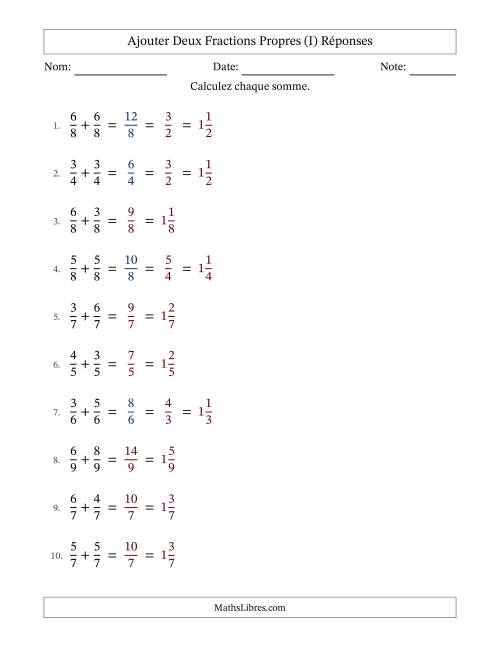 Ajouter deux fractions propres avec des dénominateurs égaux, résultats en fractions mixtes, et avec simplification dans quelques problèmes (Remplissable) (I) page 2