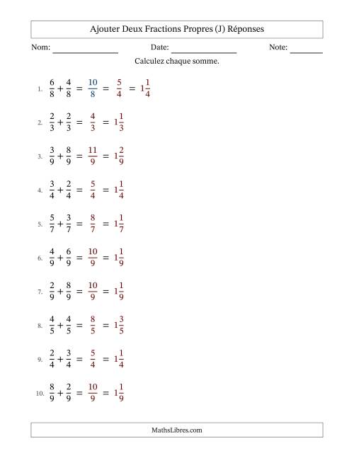 Ajouter deux fractions propres avec des dénominateurs égaux, résultats en fractions mixtes, et avec simplification dans quelques problèmes (Remplissable) (J) page 2
