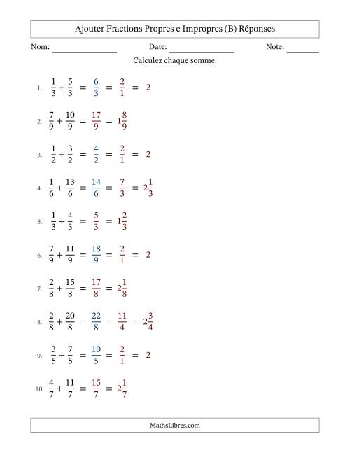 Ajouter fractions propres e impropres avec des dénominateurs égaux, résultats en fractions mixtes, et avec simplification dans quelques problèmes (Remplissable) (B) page 2