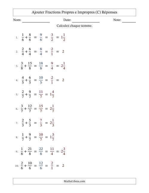 Ajouter fractions propres e impropres avec des dénominateurs égaux, résultats en fractions mixtes, et avec simplification dans quelques problèmes (Remplissable) (C) page 2