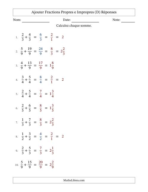 Ajouter fractions propres e impropres avec des dénominateurs égaux, résultats en fractions mixtes, et avec simplification dans quelques problèmes (Remplissable) (D) page 2