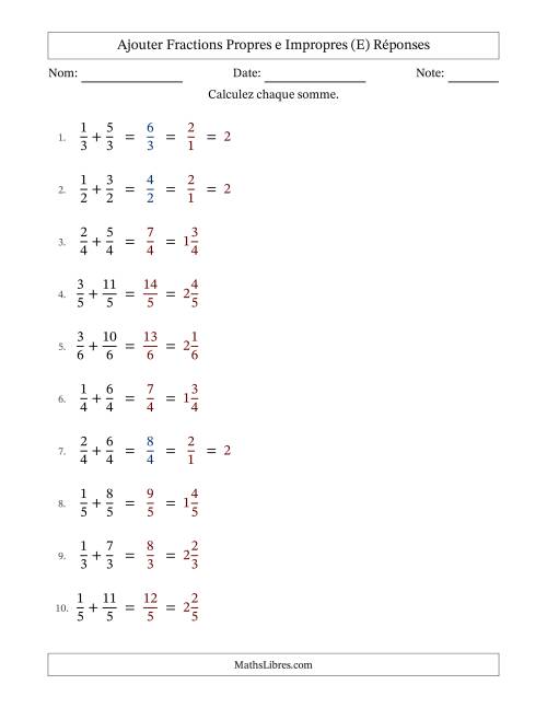 Ajouter fractions propres e impropres avec des dénominateurs égaux, résultats en fractions mixtes, et avec simplification dans quelques problèmes (Remplissable) (E) page 2
