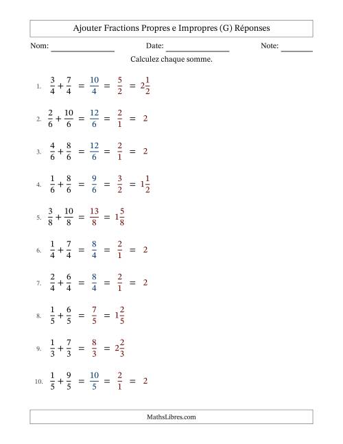 Ajouter fractions propres e impropres avec des dénominateurs égaux, résultats en fractions mixtes, et avec simplification dans quelques problèmes (Remplissable) (G) page 2