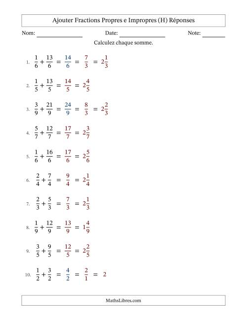 Ajouter fractions propres e impropres avec des dénominateurs égaux, résultats en fractions mixtes, et avec simplification dans quelques problèmes (Remplissable) (H) page 2