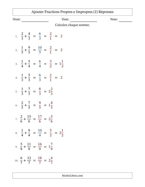 Ajouter fractions propres e impropres avec des dénominateurs égaux, résultats en fractions mixtes, et avec simplification dans quelques problèmes (Remplissable) (J) page 2
