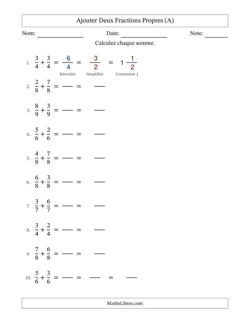Ajouter deux fractions propres avec des dénominateurs égaux, résultats en fractions mixtes, et avec simplification dans quelques problèmes (Remplissable) (Tout)