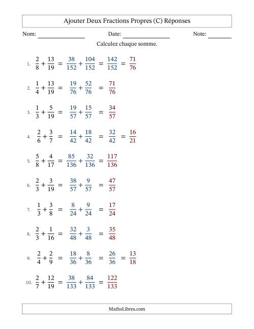 Ajouter deux fractions propres avec des dénominateurs différents, résultats en fractions propres, et avec simplification dans quelques problèmes (Remplissable) (C) page 2