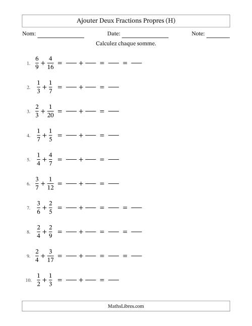 Ajouter deux fractions propres avec des dénominateurs différents, résultats en fractions propres, et avec simplification dans quelques problèmes (Remplissable) (H)