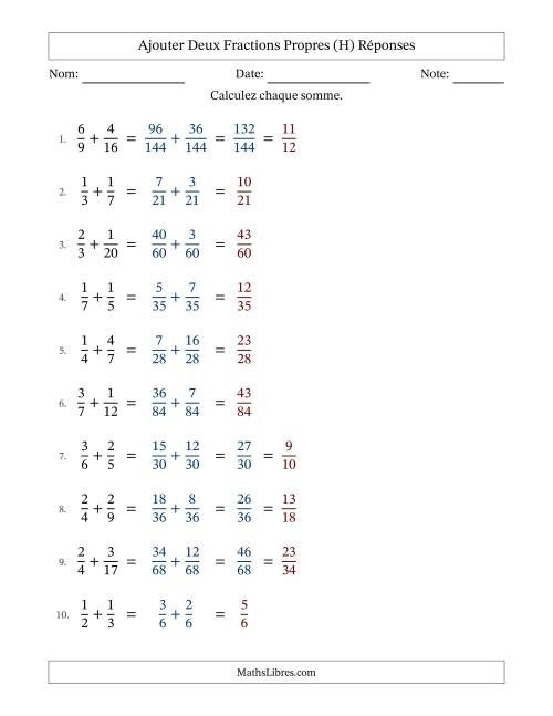 Ajouter deux fractions propres avec des dénominateurs différents, résultats en fractions propres, et avec simplification dans quelques problèmes (Remplissable) (H) page 2
