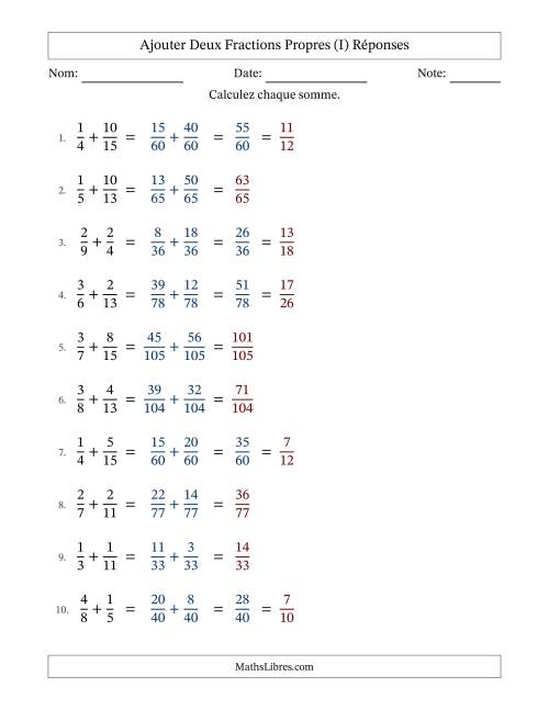 Ajouter deux fractions propres avec des dénominateurs différents, résultats en fractions propres, et avec simplification dans quelques problèmes (Remplissable) (I) page 2