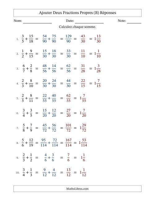 Ajouter deux fractions propres avec des dénominateurs différents, résultats en fractions mixtes, et avec simplification dans quelques problèmes (Remplissable) (B) page 2