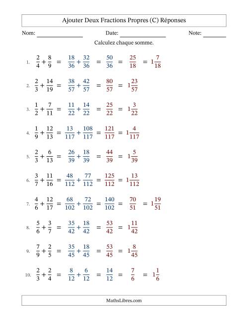 Ajouter deux fractions propres avec des dénominateurs différents, résultats en fractions mixtes, et avec simplification dans quelques problèmes (Remplissable) (C) page 2