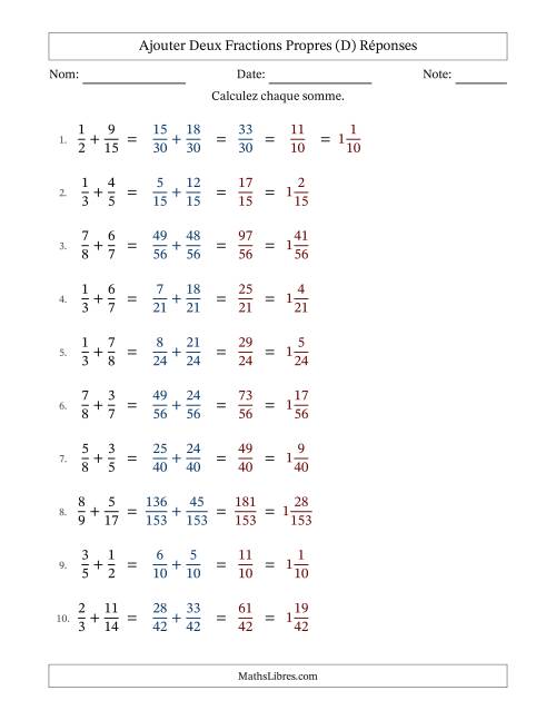 Ajouter deux fractions propres avec des dénominateurs différents, résultats en fractions mixtes, et avec simplification dans quelques problèmes (Remplissable) (D) page 2