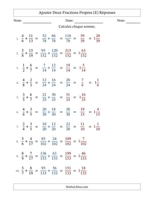 Ajouter deux fractions propres avec des dénominateurs différents, résultats en fractions mixtes, et avec simplification dans quelques problèmes (Remplissable) (E) page 2