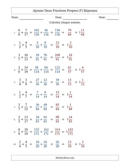 Ajouter deux fractions propres avec des dénominateurs différents, résultats en fractions mixtes, et avec simplification dans quelques problèmes (Remplissable) (F) page 2