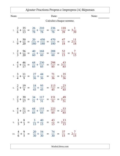 Ajouter fractions propres e impropres avec des dénominateurs différents, résultats en fractions mixtes, et avec simplification dans quelques problèmes (Remplissable) (A) page 2