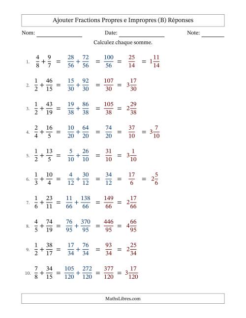 Ajouter fractions propres e impropres avec des dénominateurs différents, résultats en fractions mixtes, et avec simplification dans quelques problèmes (Remplissable) (B) page 2