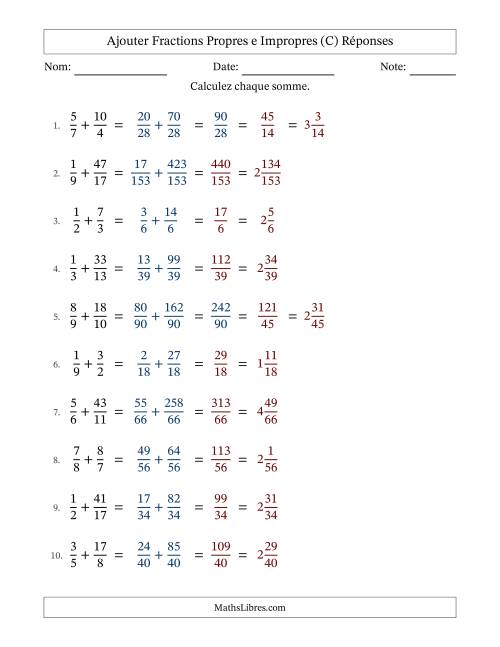 Ajouter fractions propres e impropres avec des dénominateurs différents, résultats en fractions mixtes, et avec simplification dans quelques problèmes (Remplissable) (C) page 2