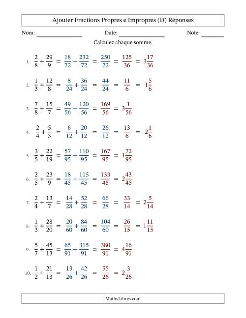 Ajouter fractions propres e impropres avec des dénominateurs différents, résultats en fractions mixtes, et avec simplification dans quelques problèmes (Remplissable) (D) page 2