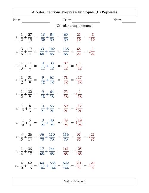Ajouter fractions propres e impropres avec des dénominateurs différents, résultats en fractions mixtes, et avec simplification dans quelques problèmes (Remplissable) (E) page 2