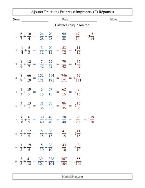 Ajouter fractions propres e impropres avec des dénominateurs différents, résultats en fractions mixtes, et avec simplification dans quelques problèmes (Remplissable) (F) page 2