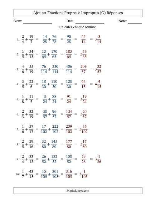Ajouter fractions propres e impropres avec des dénominateurs différents, résultats en fractions mixtes, et avec simplification dans quelques problèmes (Remplissable) (G) page 2