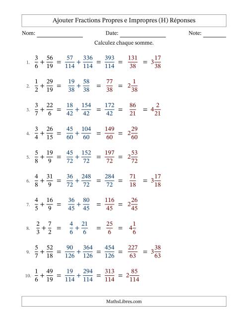 Ajouter fractions propres e impropres avec des dénominateurs différents, résultats en fractions mixtes, et avec simplification dans quelques problèmes (Remplissable) (H) page 2