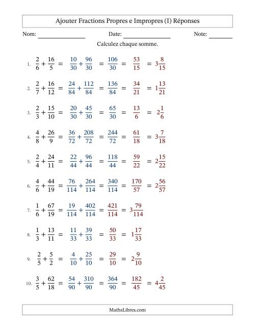 Ajouter fractions propres e impropres avec des dénominateurs différents, résultats en fractions mixtes, et avec simplification dans quelques problèmes (Remplissable) (I) page 2
