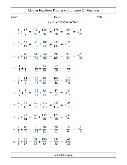 Ajouter fractions propres e impropres avec des dénominateurs différents, résultats en fractions mixtes, et avec simplification dans quelques problèmes (Remplissable) (J) page 2