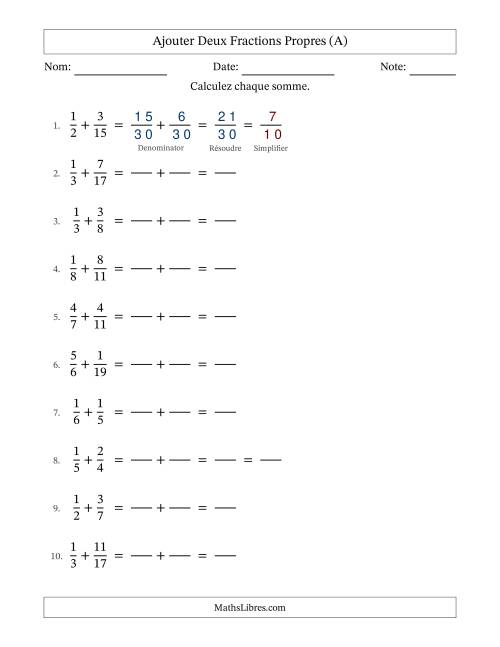Ajouter deux fractions propres avec des dénominateurs différents, résultats en fractions propres, et avec simplification dans quelques problèmes (Remplissable) (Tout)