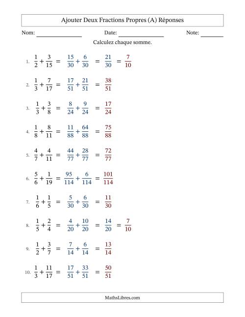 Ajouter deux fractions propres avec des dénominateurs différents, résultats en fractions propres, et avec simplification dans quelques problèmes (Remplissable) (Tout) page 2