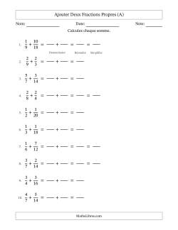 Ajouter deux fractions propres avec des dénominateurs similaires, résultats en fractions propres, et avec simplification dans quelques problèmes (Remplissable)