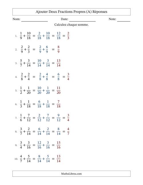 Ajouter deux fractions propres avec des dénominateurs similaires, résultats en fractions propres, et avec simplification dans quelques problèmes (Remplissable) (A) page 2