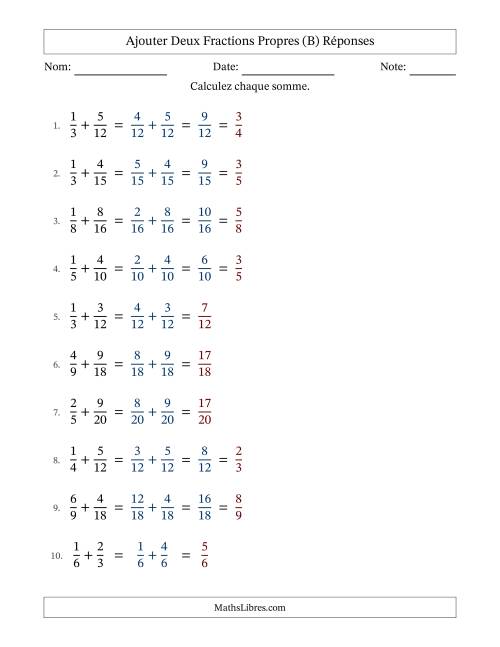 Ajouter deux fractions propres avec des dénominateurs similaires, résultats en fractions propres, et avec simplification dans quelques problèmes (Remplissable) (B) page 2