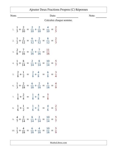 Ajouter deux fractions propres avec des dénominateurs similaires, résultats en fractions propres, et avec simplification dans quelques problèmes (Remplissable) (C) page 2