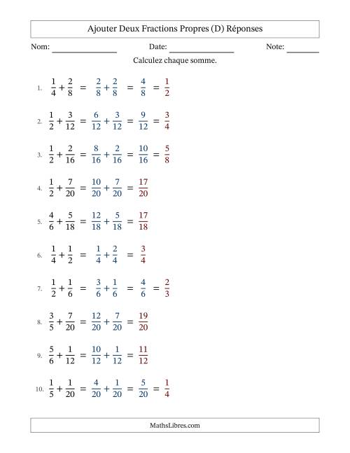 Ajouter deux fractions propres avec des dénominateurs similaires, résultats en fractions propres, et avec simplification dans quelques problèmes (Remplissable) (D) page 2