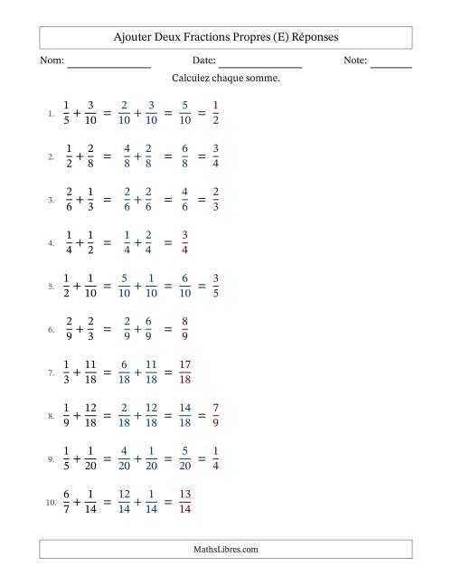 Ajouter deux fractions propres avec des dénominateurs similaires, résultats en fractions propres, et avec simplification dans quelques problèmes (Remplissable) (E) page 2