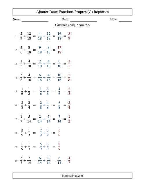 Ajouter deux fractions propres avec des dénominateurs similaires, résultats en fractions propres, et avec simplification dans quelques problèmes (Remplissable) (G) page 2