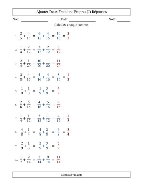 Ajouter deux fractions propres avec des dénominateurs similaires, résultats en fractions propres, et avec simplification dans quelques problèmes (Remplissable) (J) page 2