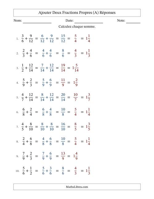 Ajouter deux fractions propres avec des dénominateurs similaires, résultats en fractions mixtes, et avec simplification dans quelques problèmes (Remplissable) (A) page 2