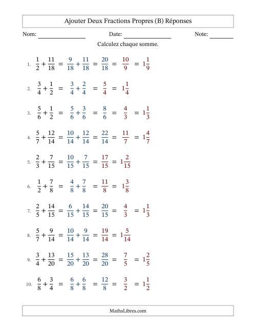 Ajouter deux fractions propres avec des dénominateurs similaires, résultats en fractions mixtes, et avec simplification dans quelques problèmes (Remplissable) (B) page 2