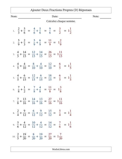 Ajouter deux fractions propres avec des dénominateurs similaires, résultats en fractions mixtes, et avec simplification dans quelques problèmes (Remplissable) (D) page 2