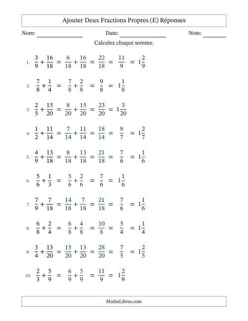 Ajouter deux fractions propres avec des dénominateurs similaires, résultats en fractions mixtes, et avec simplification dans quelques problèmes (Remplissable) (E) page 2