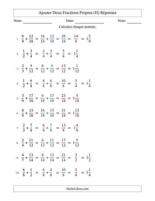 Ajouter deux fractions propres avec des dénominateurs similaires, résultats en fractions mixtes, et avec simplification dans quelques problèmes (Remplissable) (H) page 2