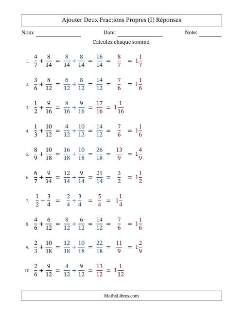 Ajouter deux fractions propres avec des dénominateurs similaires, résultats en fractions mixtes, et avec simplification dans quelques problèmes (Remplissable) (I) page 2