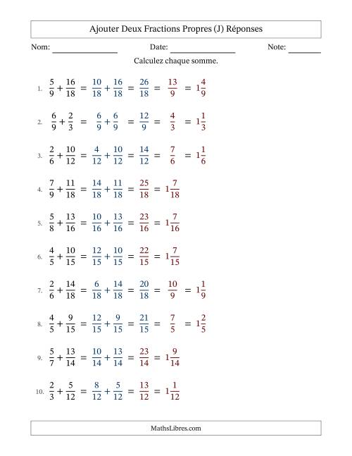 Ajouter deux fractions propres avec des dénominateurs similaires, résultats en fractions mixtes, et avec simplification dans quelques problèmes (Remplissable) (J) page 2