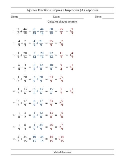 Ajouter fractions propres e impropres avec des dénominateurs similaires, résultats en fractions mixtes, et avec simplification dans quelques problèmes (Remplissable) (A) page 2
