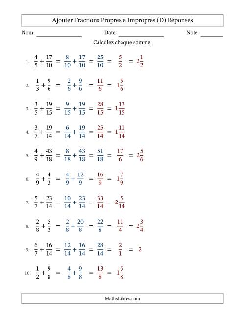 Ajouter fractions propres e impropres avec des dénominateurs similaires, résultats en fractions mixtes, et avec simplification dans quelques problèmes (Remplissable) (D) page 2